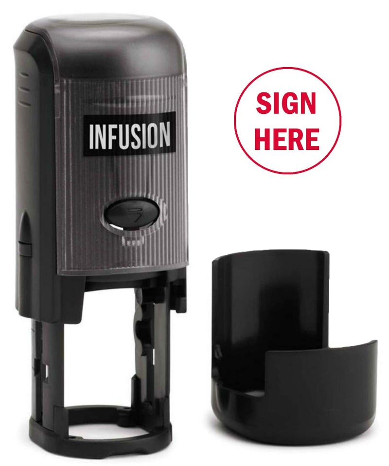 Infusion Sign HERE Round Self-Inking Stock Rubber Stamp (3/4'' Diameter) - Red Ink - Image 1